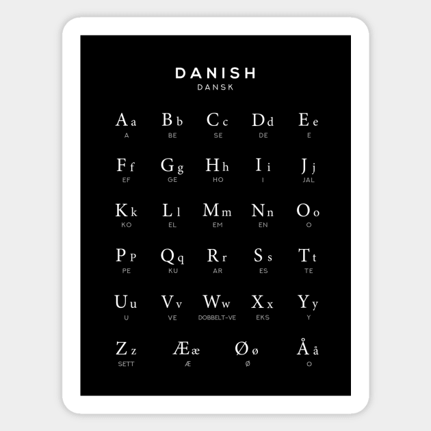 Danish Alphabet Chart, Denmark Language Learning - Black Sticker by typelab